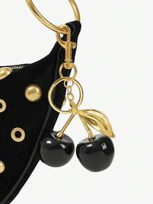 Viva Strut Women's Fashionable Street Personalized Versatile Sweet Cool Girl Y2K Black Suede Gold Rivet Cherry Pendant Decorative Shoulder Bag, Daily Shopping - Black golden cherry - View 5
