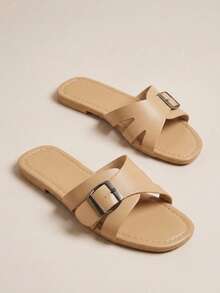 HighSole 女士纯色平底舒适凉鞋（带扣） - 卡其色 - 查看 7