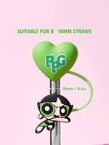 THE POWERPUFF GIRLS X SHEIN Cute Heart- Shaped Straw Sleeve, Dust-Proof Drinking Straw Reusable Straw Tips Lids, Straw Not Included,Gift Ideas,Party,Holiday,Valentine's Day,Drinking - Green - View 3