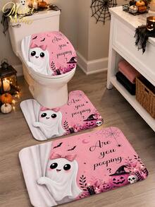 180cm*180cm 1/3/4 Pcs Halloween Pink Ghost Style Bathroom Set, Includes 12 Hooks, 2D Flat Shower Curtain, Non-Slip Mat And Toilet Cover. It Is A Beautiful And Practical Home Decoration Gift Suitable For Use During Autumn Halloween. - Halloween - View 2