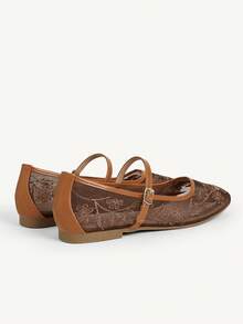 CUCCOO CHICEST Sepatu Wanita Gaya Cina Baru, Gaya Lembut, Sepatu Wanita Musim Semi dan Musim Panas untuk Bepergian dan Kencan, Benang Jala Bordir Bunga, Warna Polos, Ujung Bulat, Sol Datar, Mary Jane - Coklat - View 4