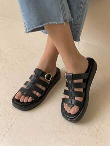 HighSole Sandalias de cuña de mujer de corcho suave y minimalista, versátiles y cómodas para temporada de vacaciones, zapatos casuales con suela gruesa, plataforma y tiras de tobillo en negro sólido - Negro - Ver 3