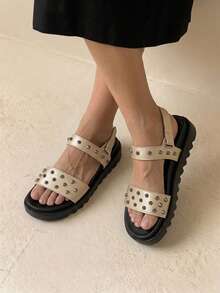 HighSole Plain Color Rivet Decor Versatile Summer Flat Sandals - Gold - View 1