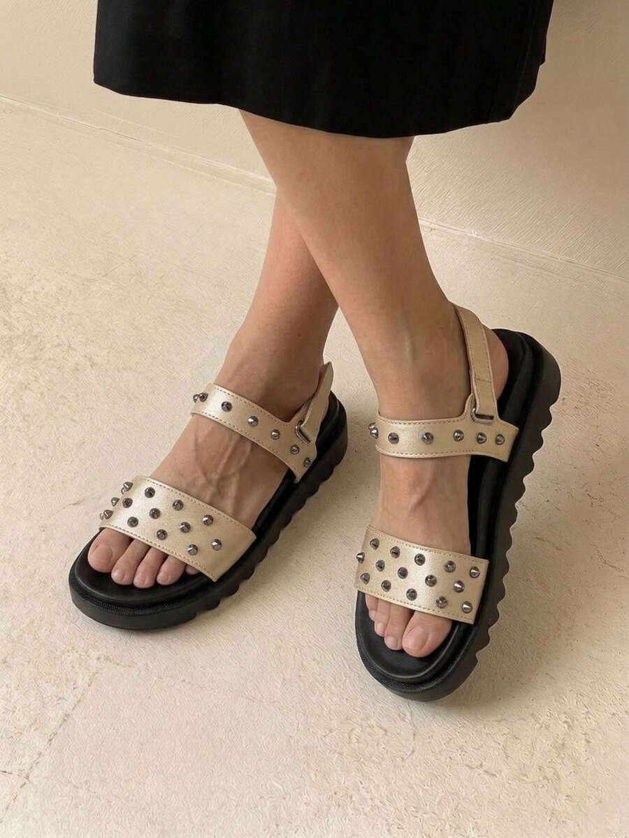 HighSole Plain Color Rivet Decor Versatile Summer Flat Sandals - Gold - View 1