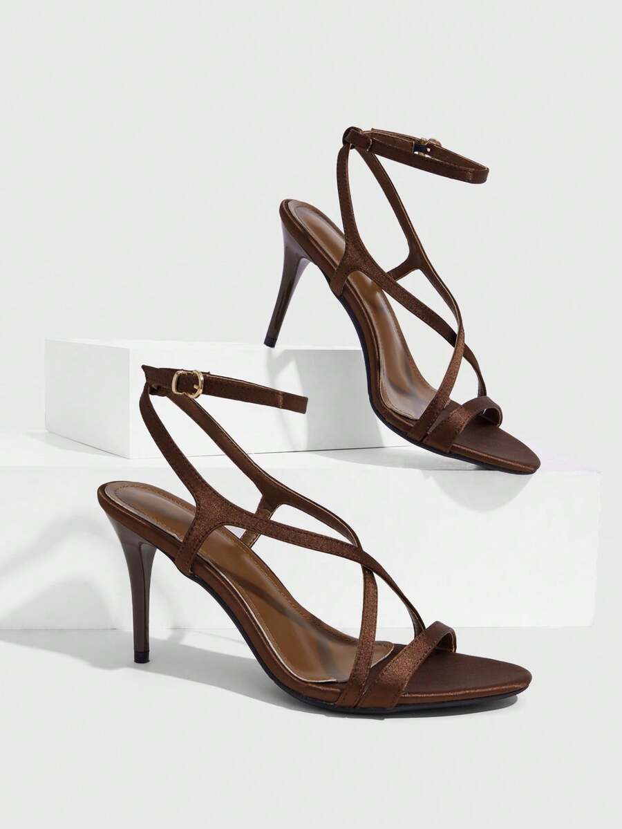 CUCCOO SZL Women's Summer Cross Strap Square Toe Stiletto High Heel Sexy Satin Brown Sandals For Date And Party - Brown - View 1