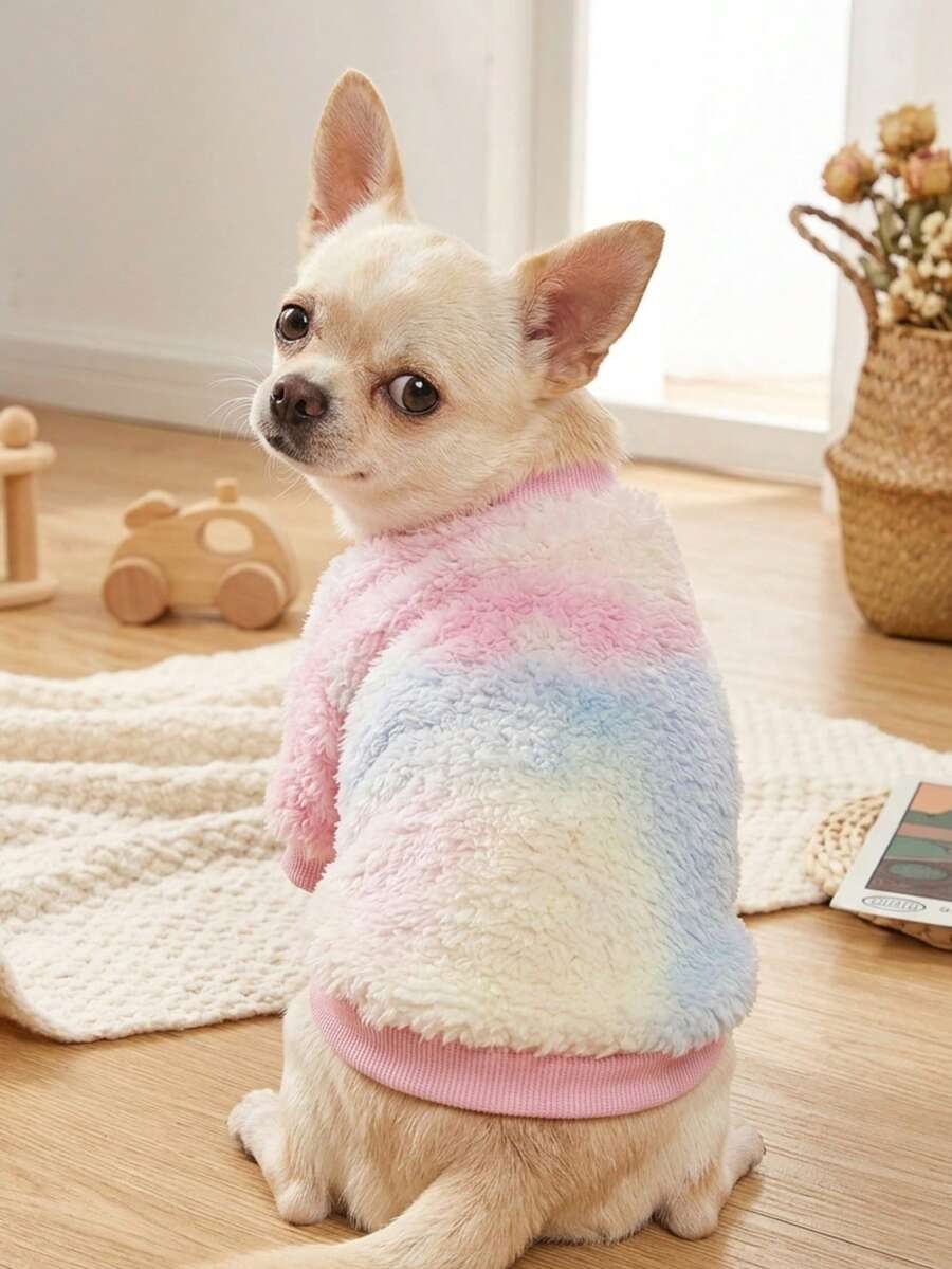 PETSIN 1pc Pet Dog/Cat Fleece Warm Sweatshirt, Fashionable Tie-Dye Blue & Yellow Round Neck Pullover - Multicolor - View 1