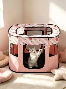 1PC Cartoon Pink Strawberry Print Foldable Pet Tent Octagonal Oxford Cloth Dog Cat House Enclosed Playpen Scratch Resistant Breathable Portable Indoor Outdoor Travel Home Use - Multicolor - View 2