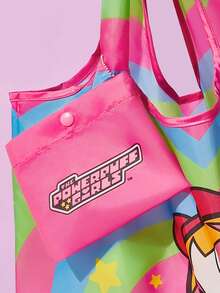 THE POWERPUFF GIRLS X SHEIN 1 件可爱卡通花朵、泡泡、毛茛心形印花涤纶可折叠购物袋、手提袋，配有带珠链的小储物袋 - 彩色 - 查看 6
