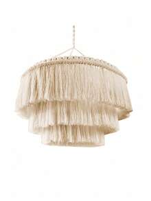 1PC HANDWOVEN BOHEMIAN MACRAME LANTERN SHADE WITH TASSEL FRINGE SCANDINAVIAN STYLE LAMP COVER FOR CEILING PENDANT LIGHT BEDROOM LIVING ROOM DINING ROOM CAFE HOME DECORATION BULB AND WIRE NOT INCLUDED - Beige - View 10