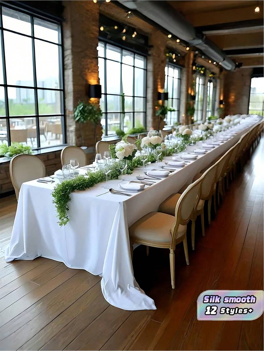 1PC Large Rectangular White Satin Polyester Tablecloth - Machine Washable Reusable Wedding Party Banquet Table Cover For Long Tables Gatherings Decor - Multicolor - View 1