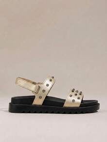 HighSole Plain Color Rivet Decor Versatile Summer Flat Sandals - Gold - View 2