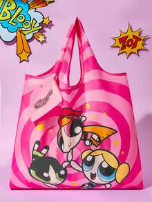 THE POWERPUFF GIRLS X SHEIN 1个可爱卡通花朵、泡泡、毛茛图案涤纶可折叠购物袋/手提袋，配有带珠链的小粉色收纳袋，Y 2 K，情人节 - 粉色 - 查看 2