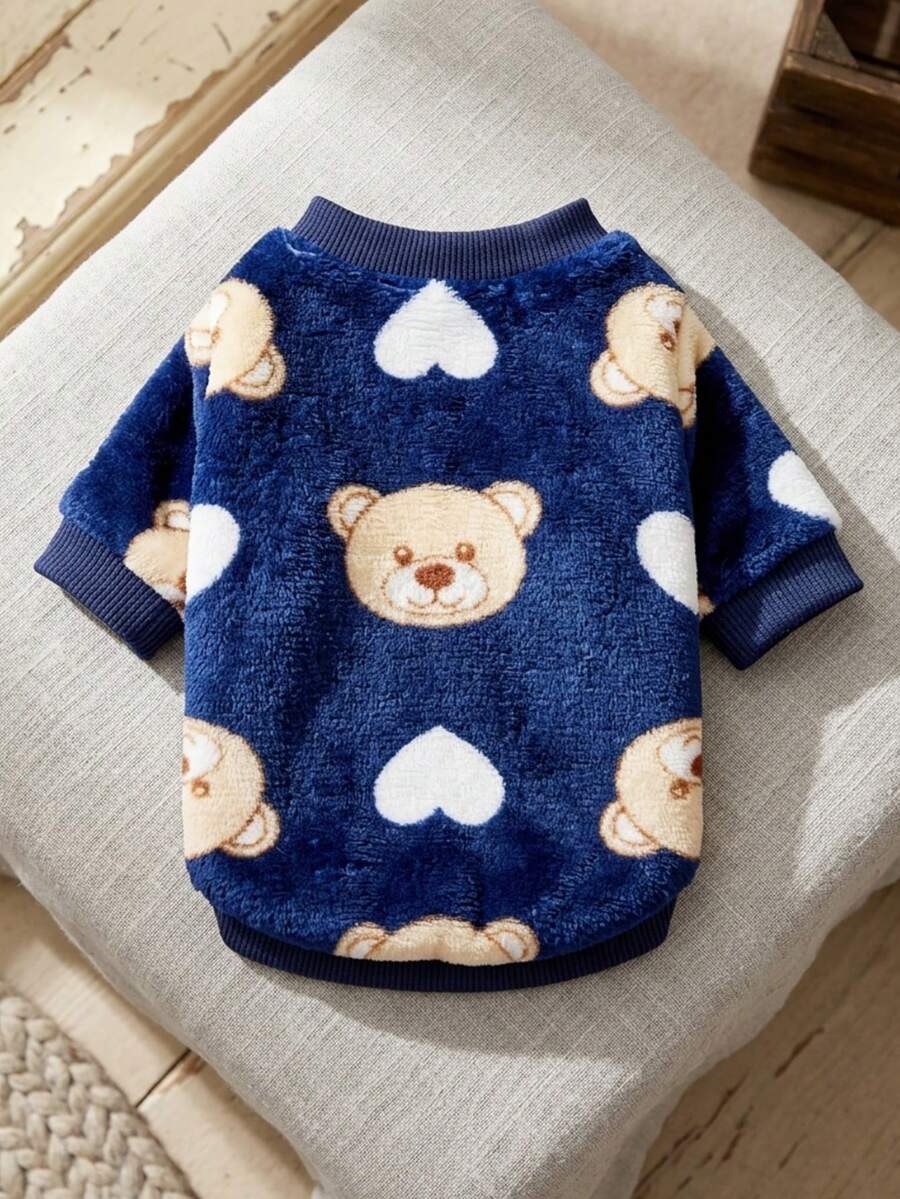 PETSIN 1 Pc Cute Bear Print Navy Flannel Pet Warm Sweatshirt - Multicolor - View 1