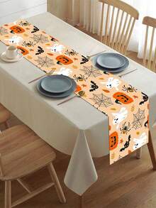 1pc Halloween Decoration Table Runner, Ghost Pumpkin Bat Pattern Orange Polyester Table Cover, Halloween Boo Ghost Tablecloth, Happy Halloween Decorative Table Cloth, Trick Or Treat, Halloween Cabinet Decorative Cover, Dining Table Centerpiece - Orange Full Version Halloween - View 3