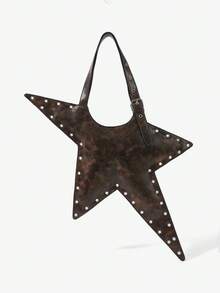 Viva Strut 1pc Star Shape Shoulder Bag, Retro Coffee Color Faux Leather, Fashion, Personalized, Versatile, Street Style, Sweet Cool Girl, Hot Girl, Y2K, Rivet. - Rust Brown - View 2