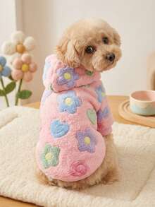 PETSIN 1 Piece Of Colorful Flower Printed Plush Hooded Pet Hoodie, Thick And Warm Winter Cat And Dog Clothing - Multicolor - View 5
