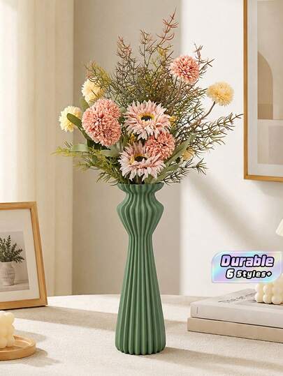 Jarrón de flores de plástico con cintura curva moderna y textura acanalada vertical, material mate irrompible, contenedor floral, 6 colores opcionales, adorno de escritorio para sala de estar, dormitorio, mesa de comedor, apartamento, decoración diaria