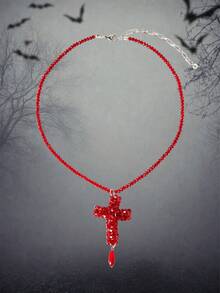 MortiRose Red Beaded Cross Gothpunk Necklace, Halloween, Halloween Accessories/, Halloween Costume/Gothic - Red - View 2