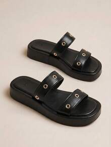 HighSole Spring And Summer New Metal Rivets Double With Open Toes Thick Bottom Black Personalized  Sandals Women Wear Shopping Travel Versatile - Black - View 9