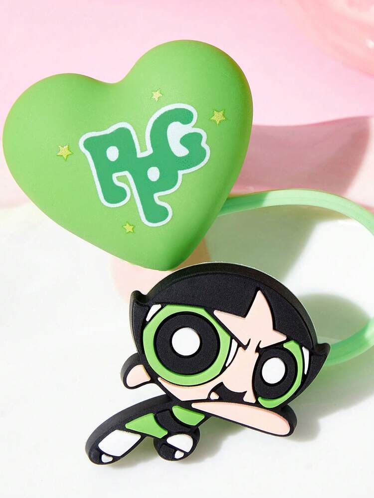 THE POWERPUFF GIRLS X SHEIN 可愛心形吸管套 防塵可重複使用吸管尖端蓋 不含吸管 送禮創意 派對 節日 情人節 飲用水用 - 綠色 - 查看 5