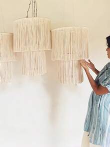 1PC HANDWOVEN BOHEMIAN MACRAME LANTERN SHADE WITH TASSEL FRINGE SCANDINAVIAN STYLE LAMP COVER FOR CEILING PENDANT LIGHT BEDROOM LIVING ROOM DINING ROOM CAFE HOME DECORATION BULB AND WIRE NOT INCLUDED - Beige - View 11