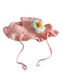 1Pc Hand Crochet Pet Orchid Flower Hat, Knitted Pink Floral Warm Headwear, Autumn Winter Warm Pet Hat For Dogs And Cats - Multicolor - View 9