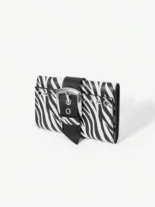 Viva Strut Dompet Lipat Tiga Pendek Motif Hewan, Motif Zebra Gaya Y2K Punk, Bentuk Sabuk Gesper Rivet Retro, Gaya Jalanan, Tas Kartu Fashion Retro Avant-Garde. - Hitam dan Putih - View 4