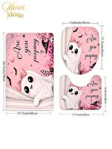180cm*180cm 1/3/4 Pcs Halloween Pink Ghost Style Bathroom Set, Includes 12 Hooks, 2D Flat Shower Curtain, Non-Slip Mat And Toilet Cover. It Is A Beautiful And Practical Home Decoration Gift Suitable For Use During Autumn Halloween. - Halloween - View 4