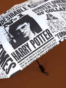 HARRY POTTER X SHEIN 1把卡通人物印花雨伞，黑色防晒涂层，防晒指数50+，适合上学、上班、外出和日常使用，专为大学生、高中生、男士和女士设计，可爱 - 黑與白 - 查看 5