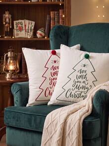 Cirelle 1pc/2pcs Christmas Square Throw Pillow Covers, Pom‑Pom Decor Christmas Tree Letter Embroidery Cushion Cases, Neutral Rustic Farmhouse Holiday Decor For Sofa, Bedroom, Bay Window, Apartment, Homestay, Pillow Insert Not Included - Red - View 5