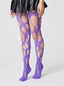 ROMWE 1Pair Of Dark Gothic Purple Hollow Fishing Net Socks - Purple 8 - View 9