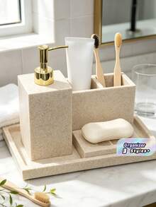 Resin Bathroom Set, Including Soap Dispenser, Toothbrush Holder, Rinse Cup, Soap Dish, Tray, Comb Rack Etc. Freely Configurable Bathroom Decor And Storage Accessories For Showroom/Display Bathroom Accessories Bathroom Organizer Fall Decor Back To School - Grey - View 2