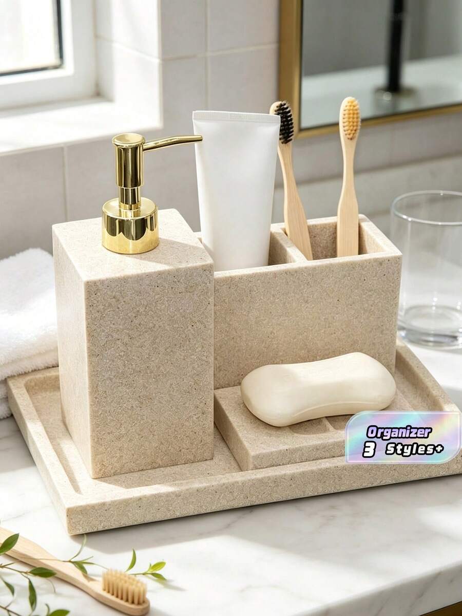 Resin Bathroom Set, Including Soap Dispenser, Toothbrush Holder, Rinse Cup, Soap Dish, Tray, Comb Rack Etc. Freely Configurable Bathroom Decor And Storage Accessories For Showroom/Display Bathroom Accessories Bathroom Organizer Fall Decor Back To School