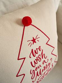 Cirelle 1pc/2pcs Christmas Square Throw Pillow Covers, Pom‑Pom Decor Christmas Tree Letter Embroidery Cushion Cases, Neutral Rustic Farmhouse Holiday Decor For Sofa, Bedroom, Bay Window, Apartment, Homestay, Pillow Insert Not Included - Red - View 3