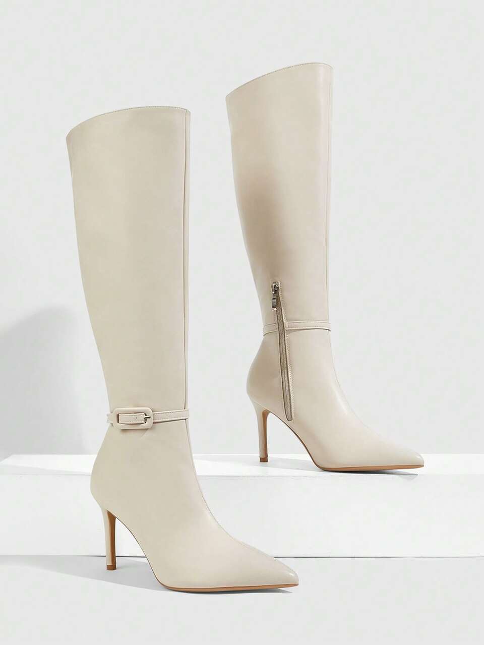 CUCCOO SZL Women Shoes Pointed Thin High Heel Beige Belt Buckle Straight Women's Knee Boots Long Boots Stylish Simple Sexy Party Tall Autumn And Winter Women's Fall Boots