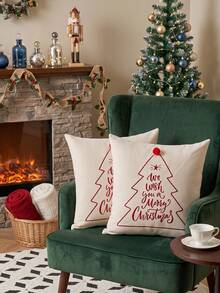 Cirelle 1pc/2pcs Christmas Square Throw Pillow Covers, Pom‑Pom Decor Christmas Tree Letter Embroidery Cushion Cases, Neutral Rustic Farmhouse Holiday Decor For Sofa, Bedroom, Bay Window, Apartment, Homestay, Pillow Insert Not Included - Red - View 2