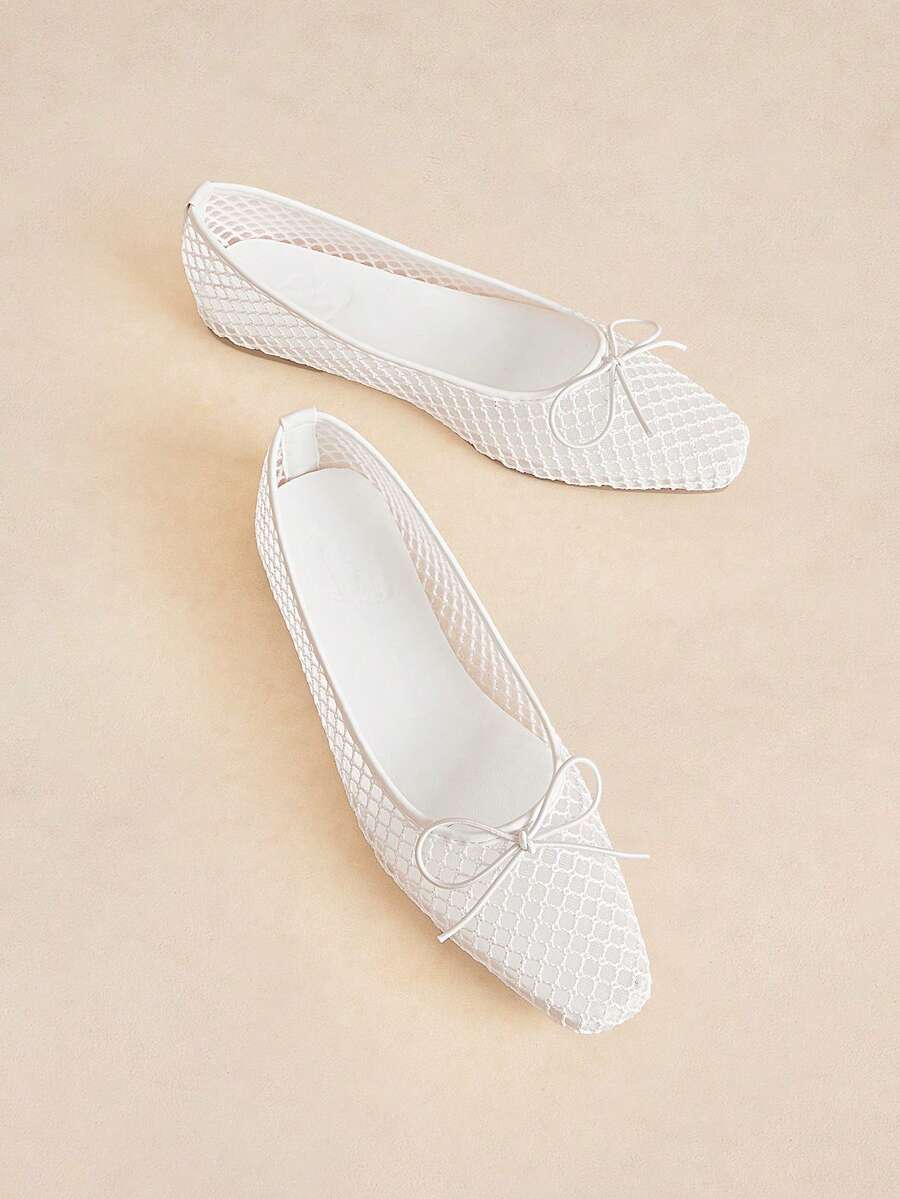 Rosivie Small Square Toe Flat Bottom White Ling-Shaped Mesh Yarn Small Bow Women's Low Vamp Flat Bottom Shoes Light, Comfortable And Simple Commuting - Rough mesh white No. 2 # - View 1