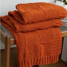 Cirelle 1pc Burnt Orange Knitted Throw Blanket For Couch - Soft Textured Terracotta Block Knit Sofa Blanket With Ribbed Border, Lightweight Cozy Autumn Thanksgiving Decor Throw For Chair, Bed & Living Room - Orange - View 8