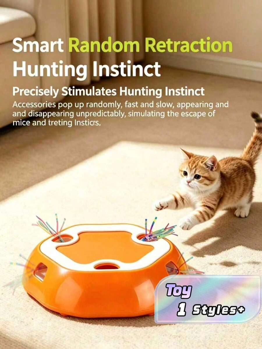 Indoor Interactive Electronic Sensor Cat Toy, Battery‑Powered Automatic Cat Teaser Toy, Pop‑Up Hide‑And‑Seek Hunting Mouse Toy For Cats & Kittens Play Exercise, 6‑Hole Pet Toy (Batteries Not Included) - Orange - View 1
