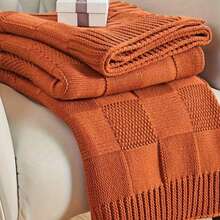 Cirelle 1pc Burnt Orange Knitted Throw Blanket For Couch - Soft Textured Terracotta Block Knit Sofa Blanket With Ribbed Border, Lightweight Cozy Autumn Thanksgiving Decor Throw For Chair, Bed & Living Room - Orange - View 4