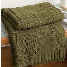 Cirelle 1pc Olive Green Knitted Throw Blanket For Couch - Soft Textured Block Knit Sofa Blanket With Ribbed Border, Lightweight Cozy Farmhouse Decor Throw For Chair, Bed & Living Room - Green - View 4
