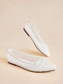 Rosivie Small Square Toe Flat Bottom White Ling-Shaped Mesh Yarn Small Bow Women's Low Vamp Flat Bottom Shoes Light, Comfortable And Simple Commuting - Rough mesh white No. 2 # - View 4