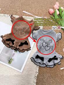 PETSIN Cute Pet Dress Ribbed Knit Flutter Sleeve Rhinestone Double Heart Pattern Velvet Bow Ruffle Hem Clothes For Small Dogs Cats - Multicolor - View 6