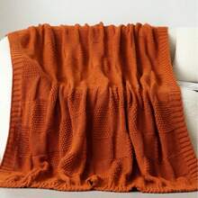 Cirelle 1pc Burnt Orange Knitted Throw Blanket For Couch - Soft Textured Terracotta Block Knit Sofa Blanket With Ribbed Border, Lightweight Cozy Autumn Thanksgiving Decor Throw For Chair, Bed & Living Room - Orange - View 5