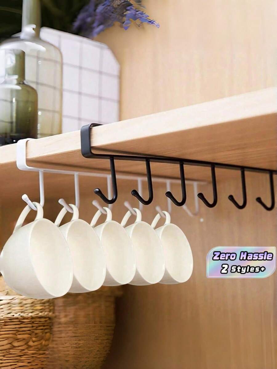 Under Cabinet Mug Holder Hanging Cup Storage Organizer Hooks, Multi-Purpose Kitchen Rack For Cupboard, Pantry, Desk, Countertop And Bookshelf, Available In Black And White Two Colors - Multicolor - View 1