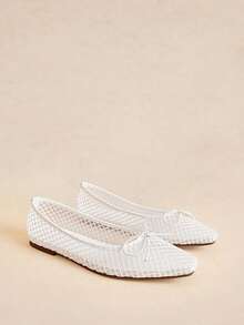 Rosivie Small Square Toe Flat Bottom White Ling-Shaped Mesh Yarn Small Bow Women's Low Vamp Flat Bottom Shoes Light, Comfortable And Simple Commuting - Rough mesh white No. 2 # - View 3