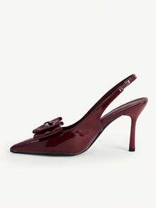 CUCCOO CHICEST 酒紅色亮面大蝴蝶結彈性後背鏤空細高跟鞋，女款後綁帶尖頭細高跟正裝鞋 - 酒紅色 - 查看 4
