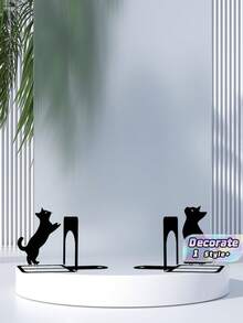 2PCS Compact Metal Anti Slip Desktop Bookends With Elegant Black Cat Pattern Sturdy Durable Scratch Proof Anti Skid Base Space Saving Modern Bookshelf Organizer For Home Office School Library Back To School Season Trending - View 1