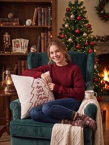 Cirelle 1pc/2pcs Christmas Square Throw Pillow Covers, Pom‑Pom Decor Christmas Tree Letter Embroidery Cushion Cases, Neutral Rustic Farmhouse Holiday Decor For Sofa, Bedroom, Bay Window, Apartment, Homestay, Pillow Insert Not Included - Red - View 6
