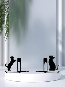 2PCS Compact Metal Anti Slip Desktop Bookends With Elegant Black Cat Pattern Sturdy Durable Scratch Proof Anti Skid Base Space Saving Modern Bookshelf Organizer For Home Office School Library Back To School Season Trending - View 2